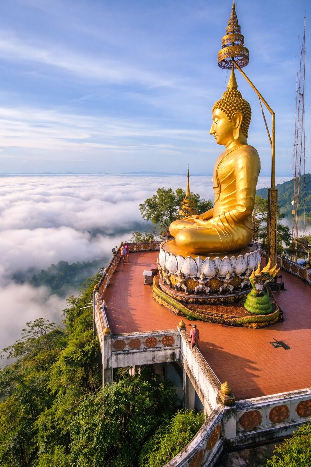 The golden hilltop Buddha at Tiger Cave Temple (Wat Tham Suea) near Krabi, above a sea of morning cloud