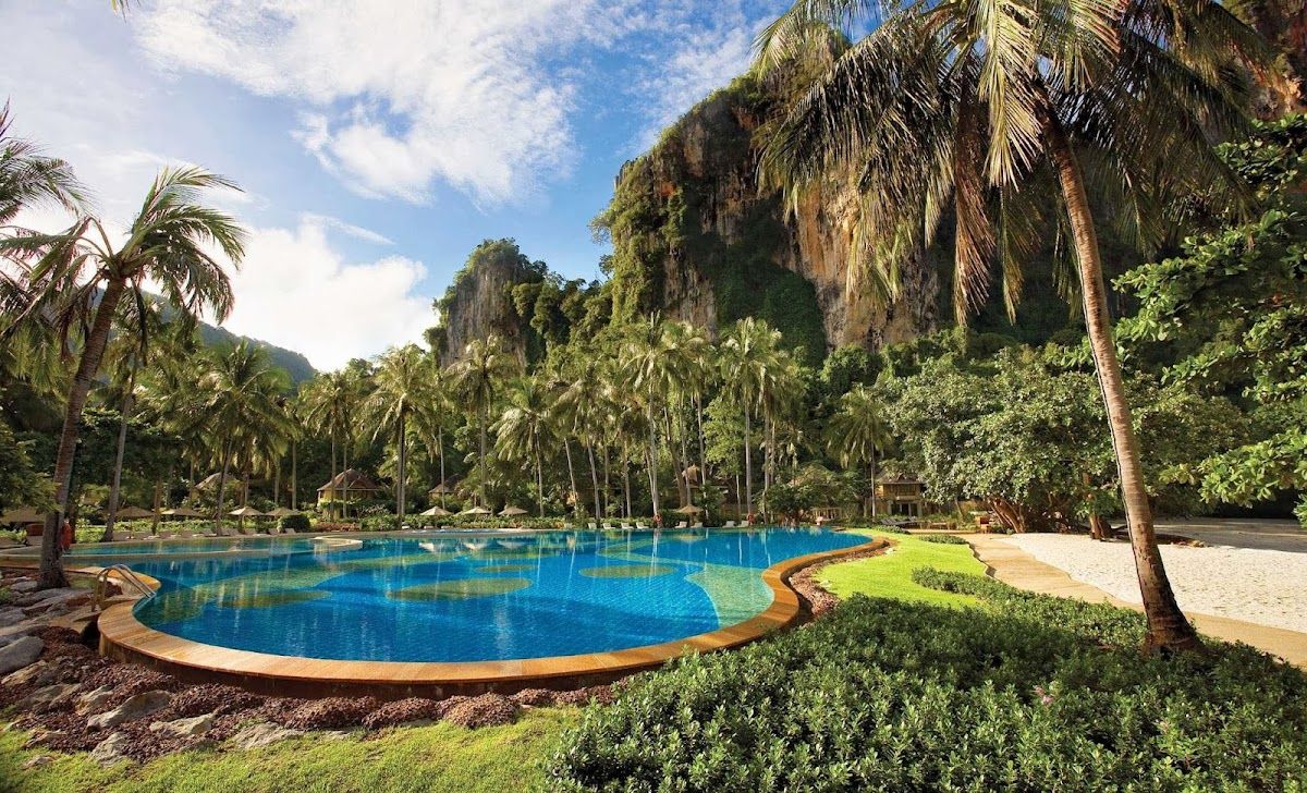 Rayavadee Resort pavilions set in tropical gardens at Railay Beach, Krabi